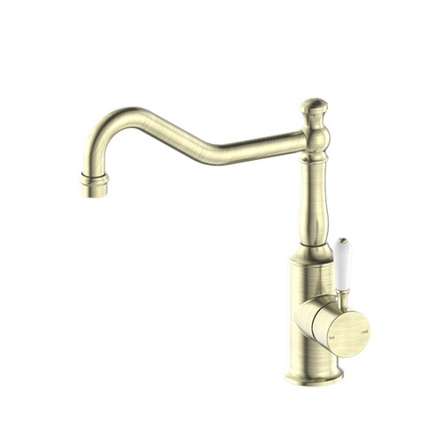 York Kitchen Mixer Hook Spout With White Porcelain Lever Aged Brass