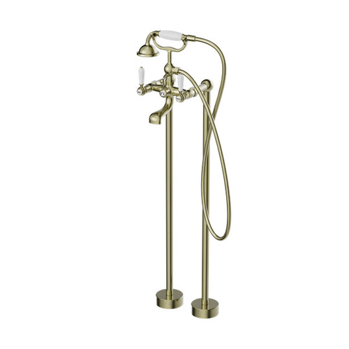 York Freestanding Bath Set With White Porcelain Hand Shower Aged Brass