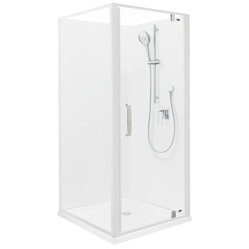 Ruby II Square Corner Shower 900x900 White Frame with Flat Wall Centre Waste