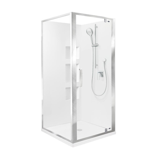 Ruby II Square Corner Shower 900x900 Metallic Frame with Side Recessed Wall Centre Waste