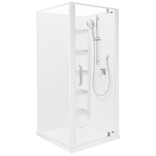 Ruby II Square Corner Shower 900x900 White Frame with PLUS Wall Rear Waste
