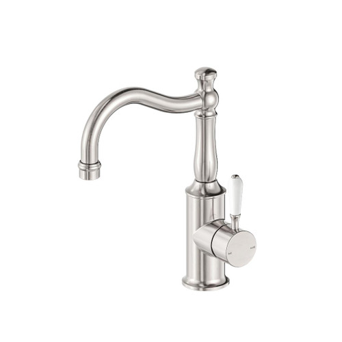 York Basin Mixer Hook Spout Brushed Nickel With White Porcelain Lever
