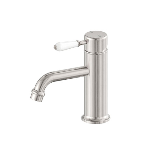 York Straight Basin Mixer Brushed Nickel With White Porcelain Lever