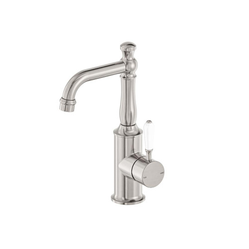 York Basin Mixer Brushed Nickel With White Porcelain Lever