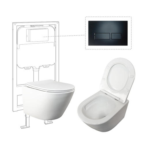 Niche Toilet Suite Wall Hung Gloss White Square Matte Black Push Plate
