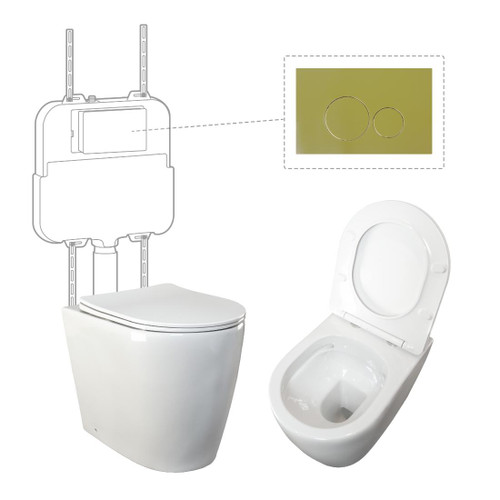 Niche Toilet Suite Floorstanding White Gloss Round Brushed Gold Push Plate