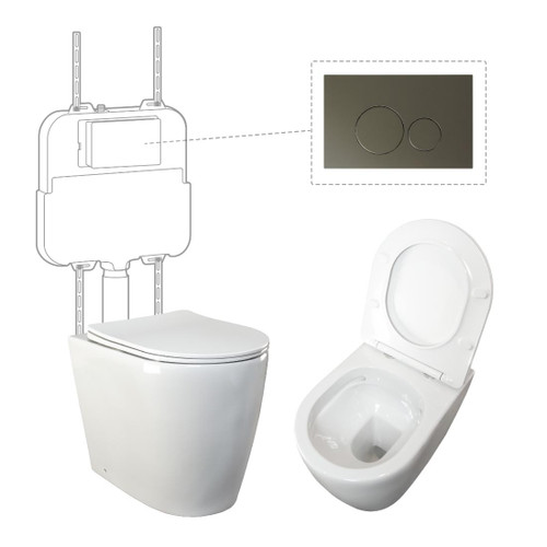 Niche Toilet Suite Floorstanding White Gloss Round Gunmetal Push Plate
