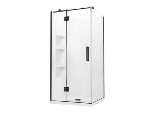 Evora Square Corner Shower Pivot Door 1000 x 1000mm Black Side Recessed Wall Rear Waste