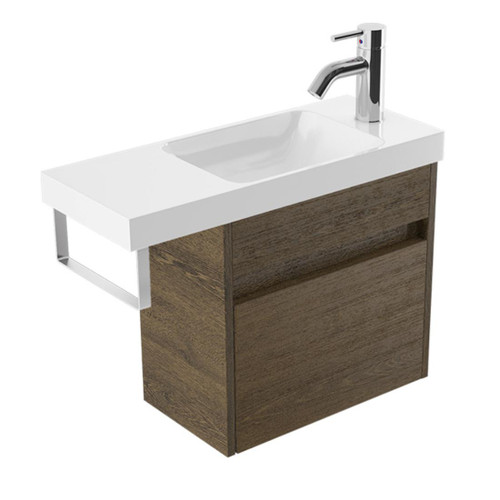 Fucina Vanity Wall 600 1 Taphole Polymarble Top Chrome Towel Rail 1 Door Smokey Oak Timberland