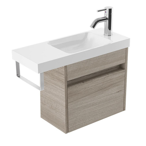 Fucina Vanity Wall 600 1 Taphole Polymarble Top Chrome Towel Rail 1 Door Ashen Walnut Timberland