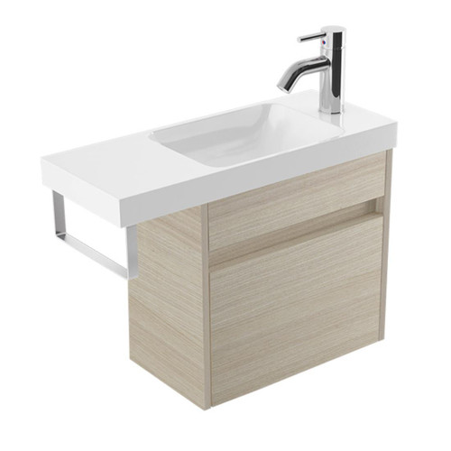 Fucina Vanity Wall 600 1 Taphole Polymarble Top Chrome Towel Rail 1 Door Seasoned Oak