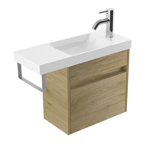 Fucina Vanity Wall 600 1 Taphole Polymarble Top Bn Towel Rail 1 Door French Oak Velvet