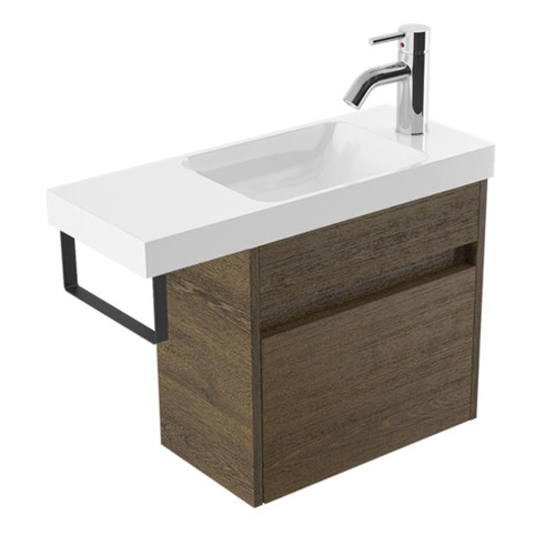 Fucina Vanity Wall 600 1 Taphole Polymarble Top Blk Towel Rail 1 Door Smokey Oak Timberland