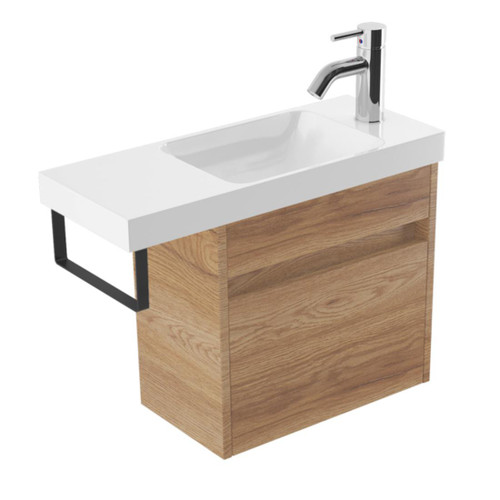 Fucina Vanity Wall 600 1 Taphole Polymarble Top Blk Towel Rail 1 Door Southern Oak Timberland