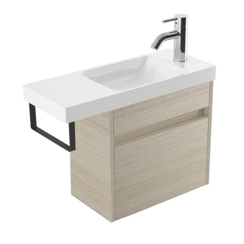 Fucina Vanity Wall 600 1 Taphole Polymarble Top Blk Towel Rail 1 Door Seasoned Oak