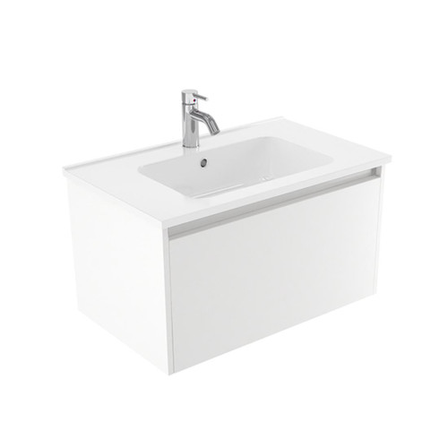 Fucina Vanity Wall 750 1 Taphole Polymarble Top 1 Drawer Dezigna White Gloss