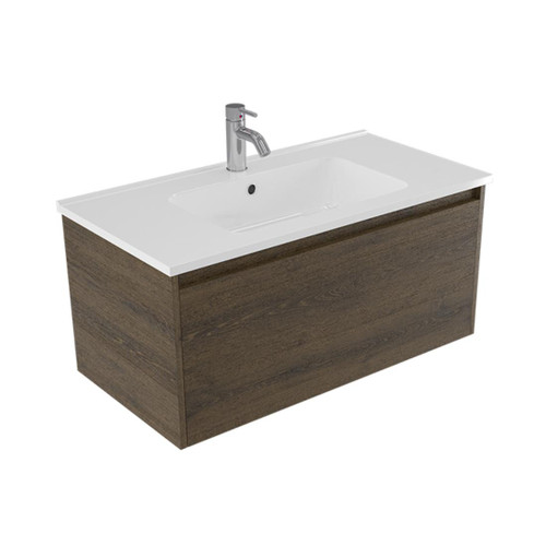 Fucina Vanity Wall 900 1 Taphole Polymarble Top 1 Drawer Smokey Oak Timberland