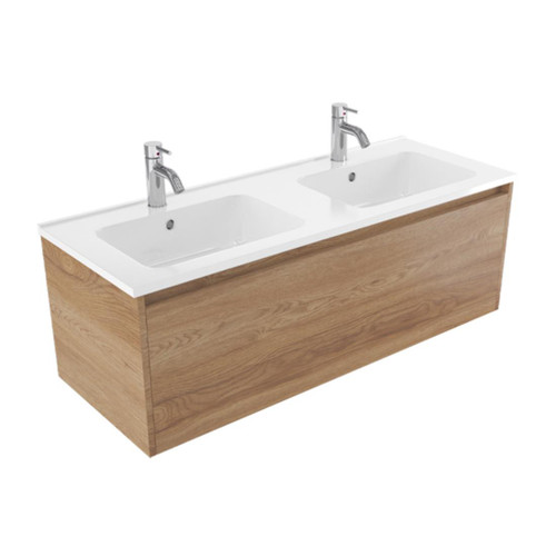 Fucina Vanity Wall 1200 2 Taphole Polymarble Double Bowl 1 Drawer Southern Oak Timberland