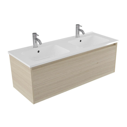 Fucina Vanity Wall 1200 2 Taphole Polymarble Double Bowl 1 Drawer Seasoned Oak
