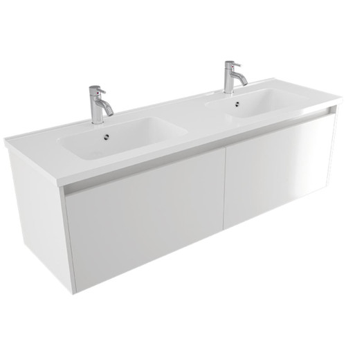 Fucina Vanity Wall 1500 2 Taphole Polymarble Double Bowl 2 Drawer Dezigna White Gloss