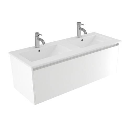 Fucina Vanity Wall 1210 2 Taphole Vitreous China Double Bowl 1 Drawer Dezigna White Gloss