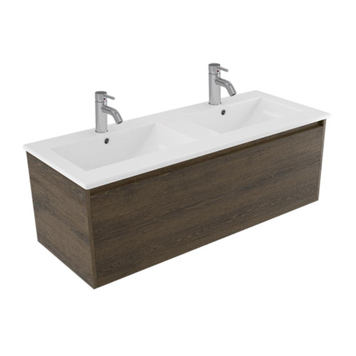 Fucina Vanity Wall 1210 2 Taphole Vitreous China Double Bowl 1 Drawer Smokey Oak Timberland