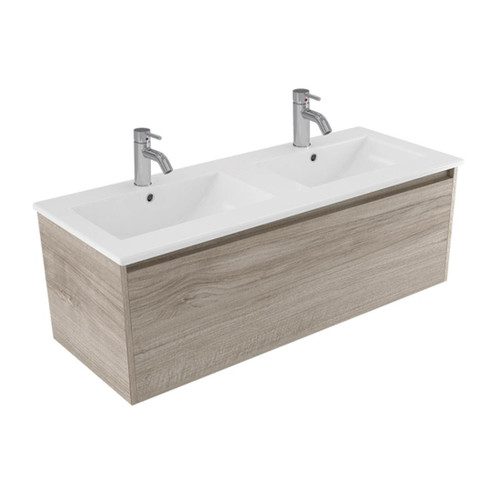 Fucina Vanity Wall 1210 2 Taphole Vitreous China Double Bowl 1 Drawer Ashen Walnut Timberland