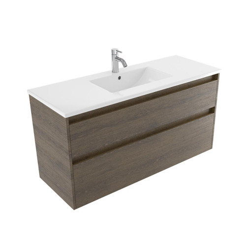 Fucina Vanity Wall 1200 1 Taphole Vitreous China Top 2 Drawer Smokey Oak Timberland