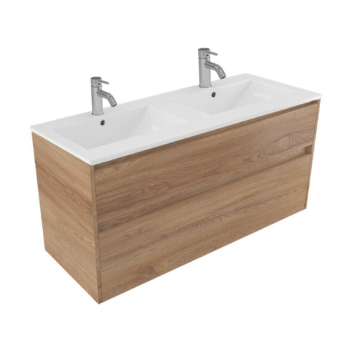 Fucina Vanity Wall 1200 2 Taphole Vitreous China Double Bowl 2 Drawer Southern Oak Timberland