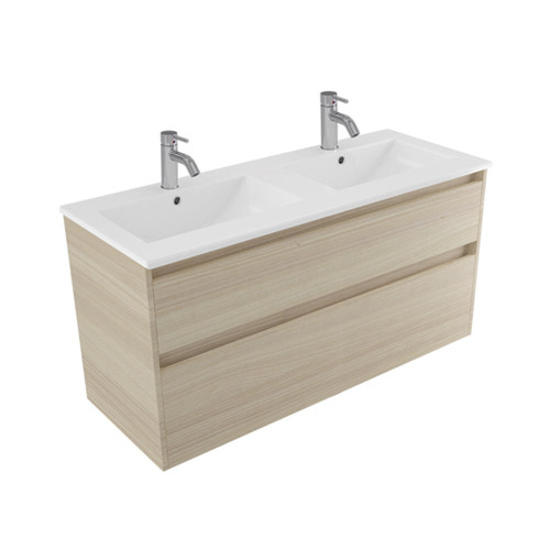Fucina Vanity Wall 1200 2 Taphole Vitreous China Double Bowl 2 Drawer Seasoned Oak