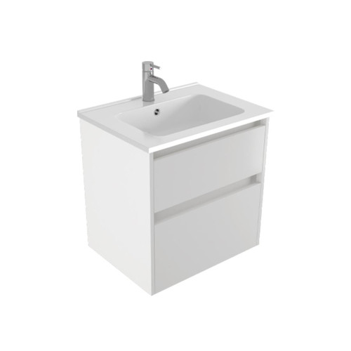Fucina Vanity Wall 600 1 Taphole Polymarble Top 2 Drawer Dezigna White Gloss