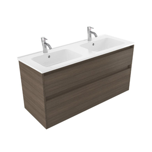 Fucina Vanity Wall 1200 2 Taphole Polymarble Double Bowl 2 Drawer Charred Oak Organic