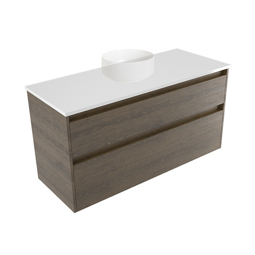 Fucina Vanity Wall 1200 White E Stone Top 2 Drawer Smokey Oak Timberland