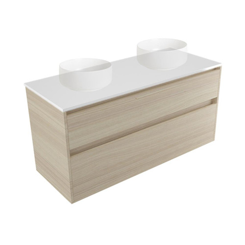 Fucina Vanity Wall 1190 White E Stone Top Double Bowl 2 Drawer Seasoned Oak
