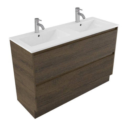 Fucina Vanity Floor 1210 2 Taphole Vitreous China Double Bowl 2 Drawer Smokey Oak Timberland
