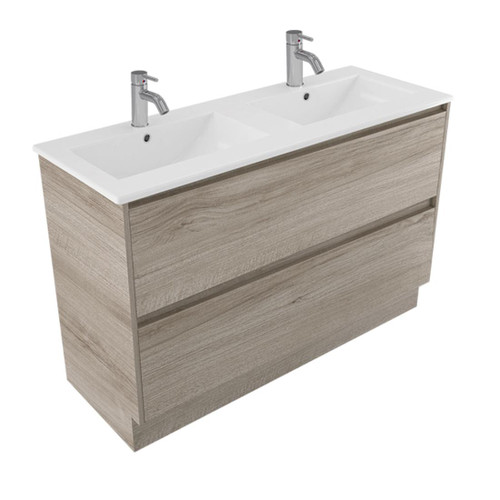 Fucina Vanity Floor 1210 2 Taphole Vitreous China Double Bowl 2 Drawer Ashen Walnut Timberland