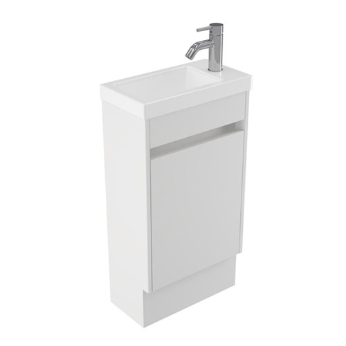 Fucina Vanity Floor 440 x 240 x 825mm 1 Taphole Polymarble Top 1 Door Dezigna White Gloss