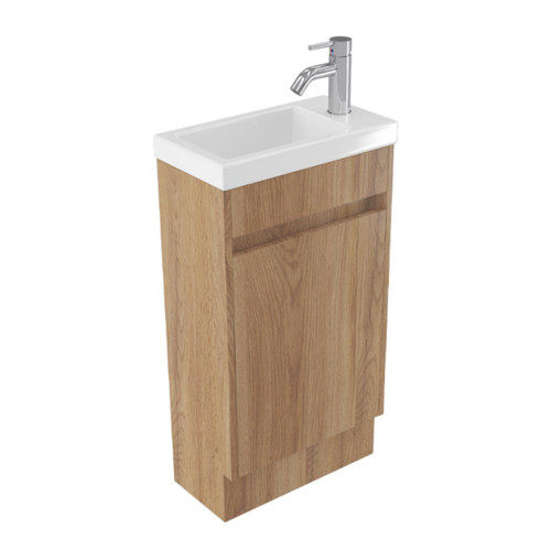 Fucina Vanity Floor 440 x 240 x 825mm 1 Taphole Polymarble Top 1 Door Southern Oak Timberland