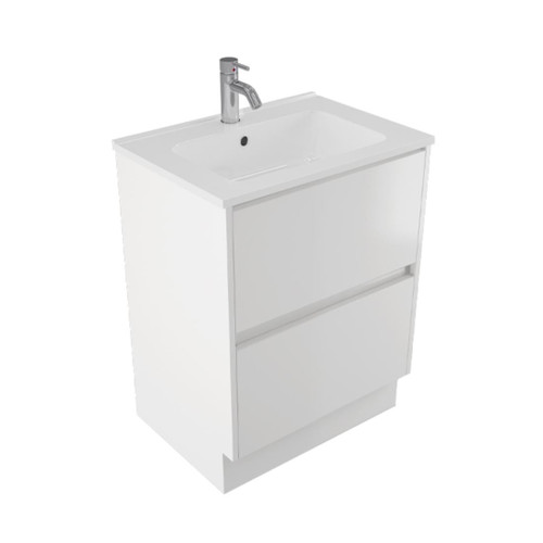 Fucina Vanity Floor 600 2 Taphole Polymarble Top 2 Drawer Dezigna White Gloss
