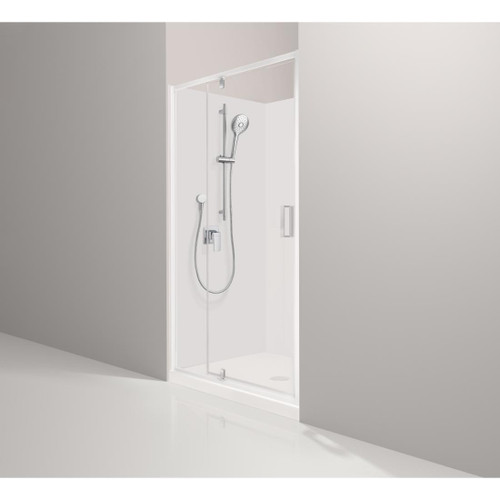 Valencia Elite Alcove Pivot 3-Sided Shower 1200 x 1000mm White Frame With Flat Wall Centre Waste