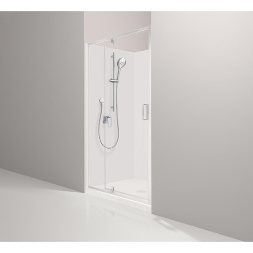 Valencia Elite Alcove Pivot 3-Sided Shower 1200 x 1000mm Satin Silver Frame With Flat Wall Centre Waste