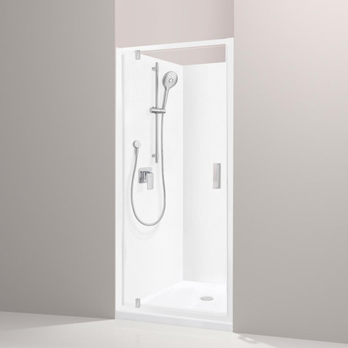 Valencia Elite Alcove Pivot 3-Sided Shower 1200 x 1000mm Satin Silver Frame With Side Recessed Wall Centre Waste
