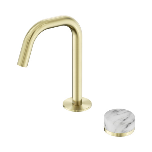 Serenity Progressive Basin Mixer Edge Spout With Arabescato Corchia Handle Brushed Gold