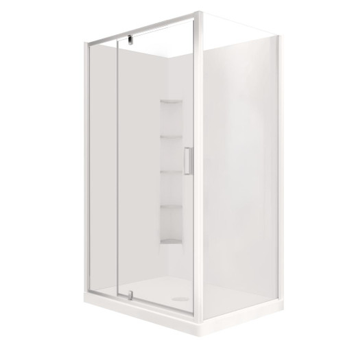 Valencia Elite Square Corner Pivot Shower 1200 x 1000mm Satin Silver Frame With Corner Contour Plus Wall Right Hand Centre Waste