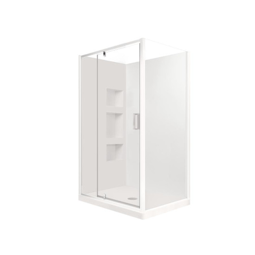Valencia Elite Square Corner Pivot Shower 1200 x 1000mm Satin Silver Frame With Side Recessed Wall Right Hand Centre Waste