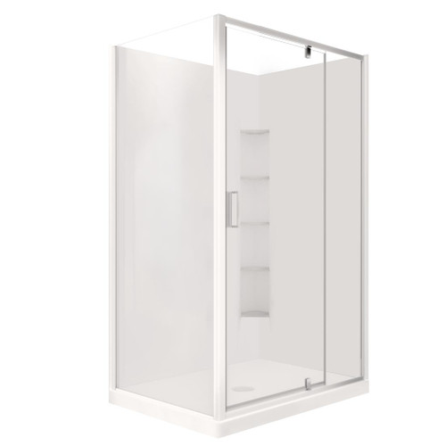 Valencia Elite Square Corner Pivot Shower 1200 x 1000mm Satin Silver Frame With Corner Contour Plus Wall Left Hand Centre Waste