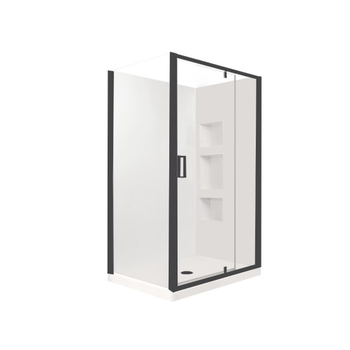 Valencia Elite Square Corner Pivot Shower 1200 x 1000mm Black Frame With Side Recessed Wall Left Hand Centre Waste