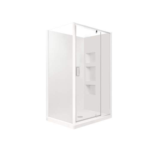 Valencia Elite Square Corner Pivot Shower 1200 x 1000mm Satin Silver Frame With Side Recessed Wall Left Hand Centre Waste