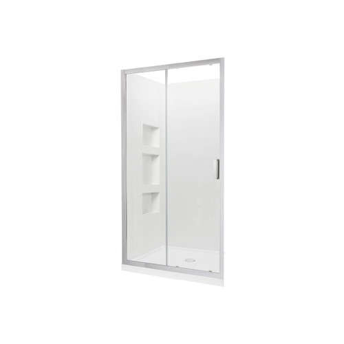 Valencia Elite Alcove Sliding 3-Sided Shower 1200 x 1000mm Satin Silver Frame Side Recessed Wall Centre Waste