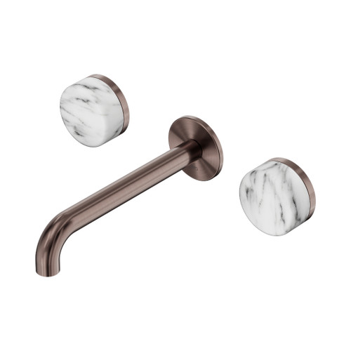 Serenity Wall Basin Set 185mm Spout With Arabescato Corchia Handle Brushed Bronze
